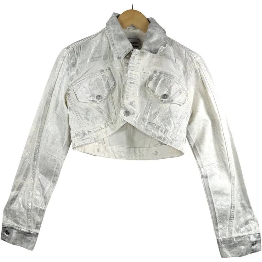 NWT Zara Y2K Metallic Retro Vintage Crop Denim Jacket White Silver Small - Picture 4 of 7